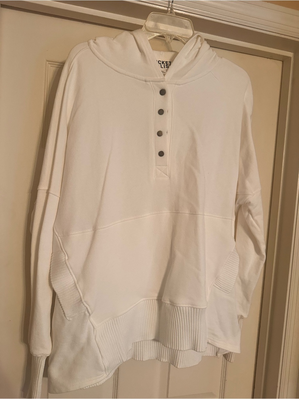 White Hooded Henley Sweatshirt with Button Placket